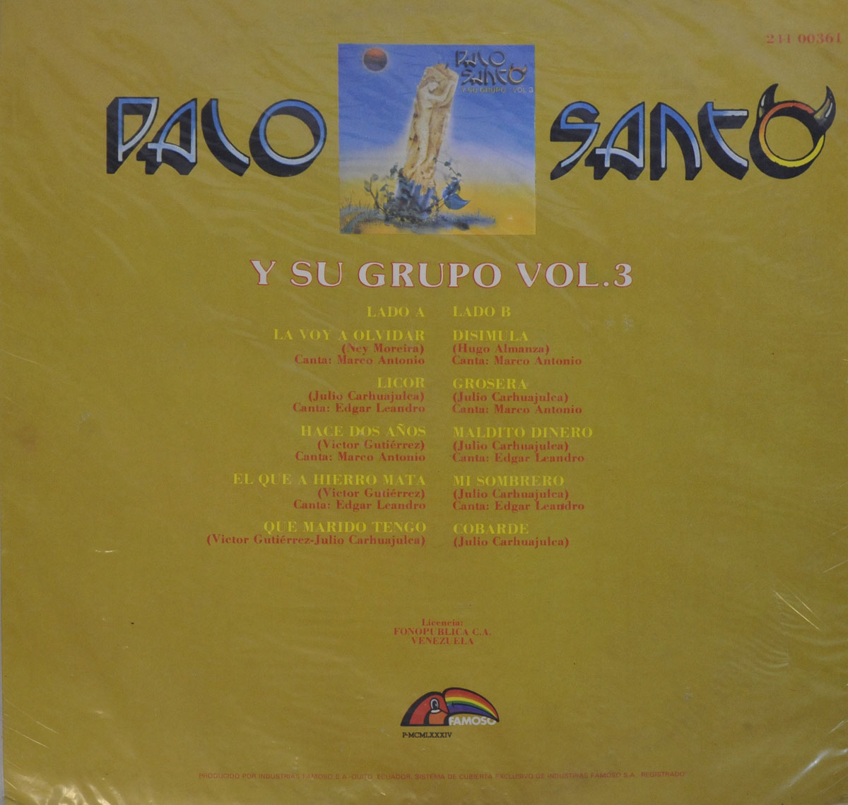 Back cover of Palo Santo y Su Grupo Vol. 3 featuring yellow background, tracklist with composer and singer credits, miniature front cover image, and Famoso Records logo with rainbow.